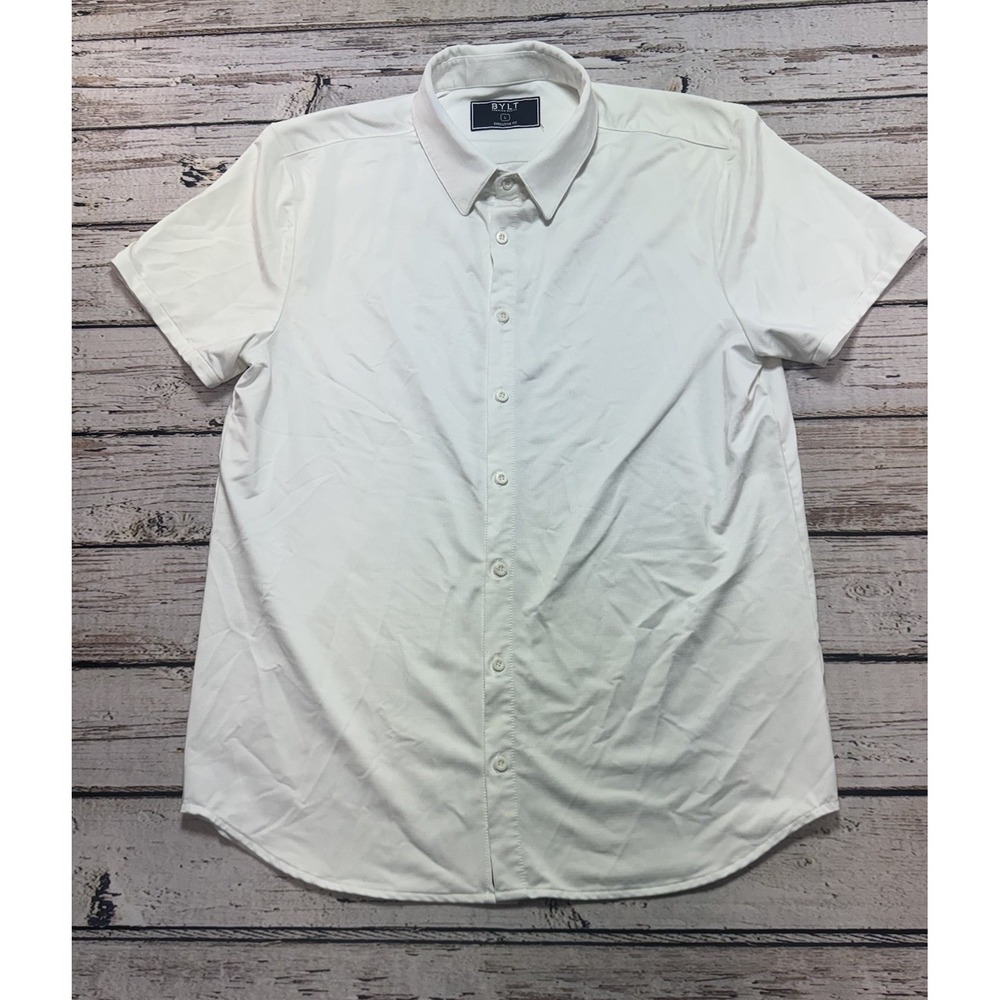 BYLT Premium Basics Mens L Executive Fit Short Sleeve Button Down Shirt White